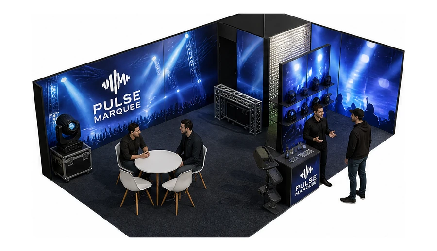 Stoisko 8 × 5 m narożne prawe dla branży branża eventowa, przykładowa marka Pulse Marquee