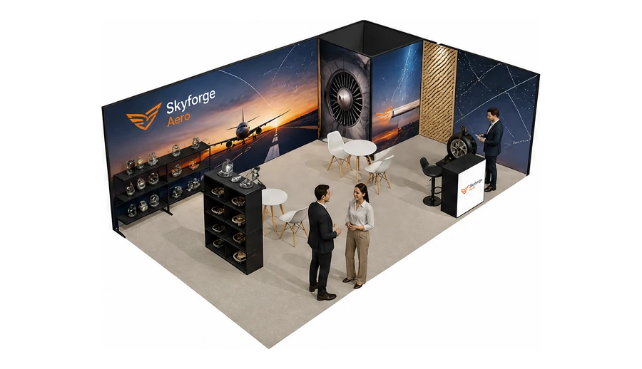 Stoisko 8 × 5 m narożne prawe dla branży lotnictwo, przykładowa marka Skyforge Aero