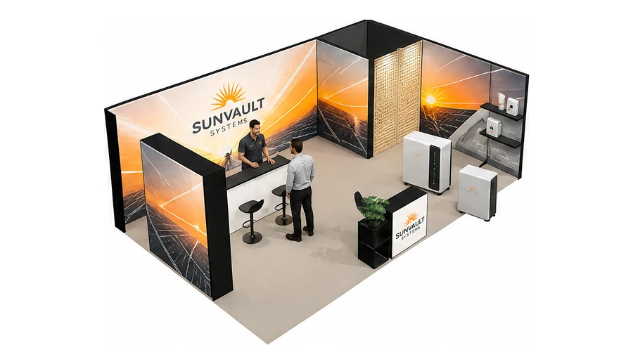 Stoisko 8 × 5 m narożne prawe dla branży fotowoltaika, przykładowa marka Sunvault Systems