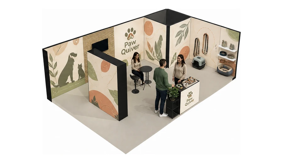 Stoisko 8 × 5 m narożne prawe dla branży akcesoria dla zwierząt, przykładowa marka Paw Quiver