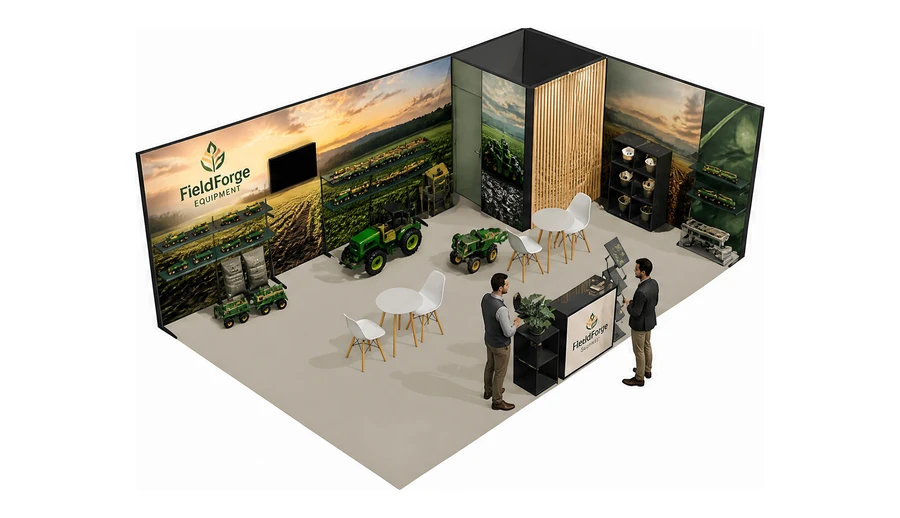 Stoisko 8 × 5 m narożne prawe dla branży maszyny rolnicze, przykładowa marka FieldForge Equipment