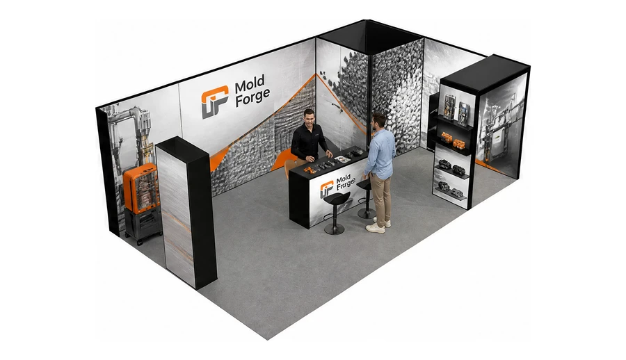 Stoisko 8 × 5 m narożne prawe dla branży przetwórstwo tworzyw, przykładowa marka Mold Forge