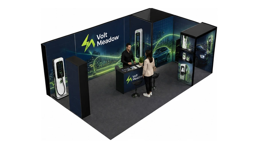 Stoisko 8 × 5 m narożne prawe dla branży elektromobilność i ładowarki, przykładowa marka Volt Meadow
