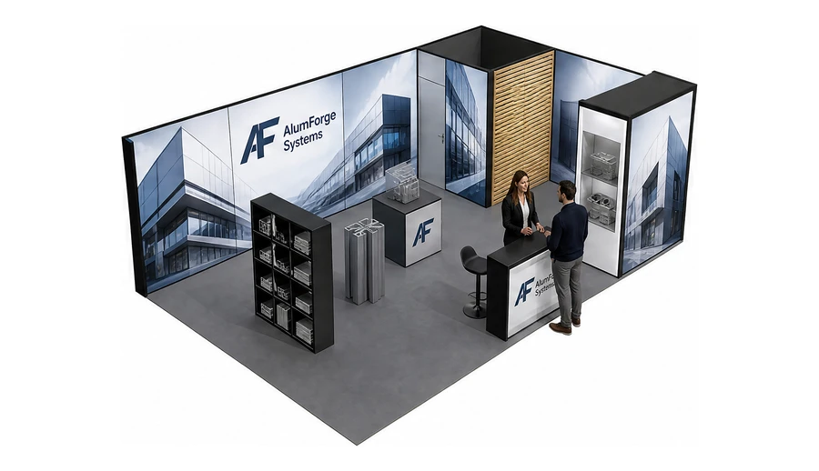 Stoisko 8 × 5 m narożne prawe dla branży profile aluminiowe, przykładowa marka AlumForge Systems