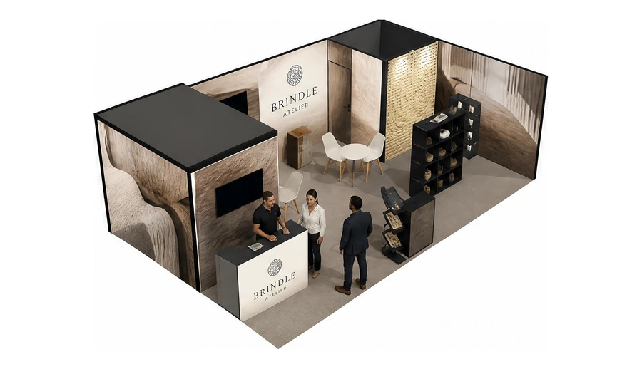 Stoisko 8 × 5 m narożne prawe dla branży meble designerskie, przykładowa marka Brindle Atelier