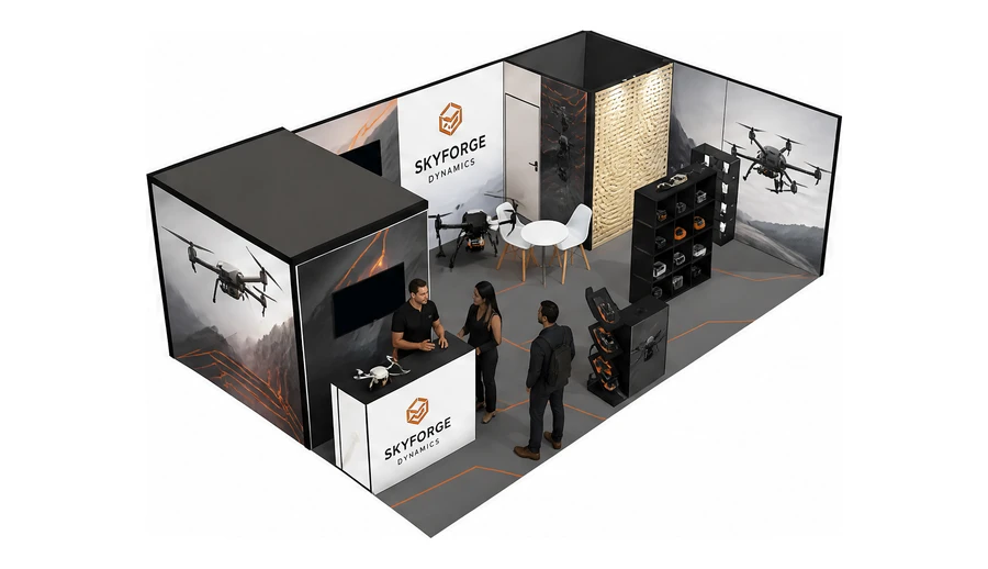 Stoisko 8 × 5 m narożne prawe dla branży drony i robotyka, przykładowa marka Skyforge Dynamics