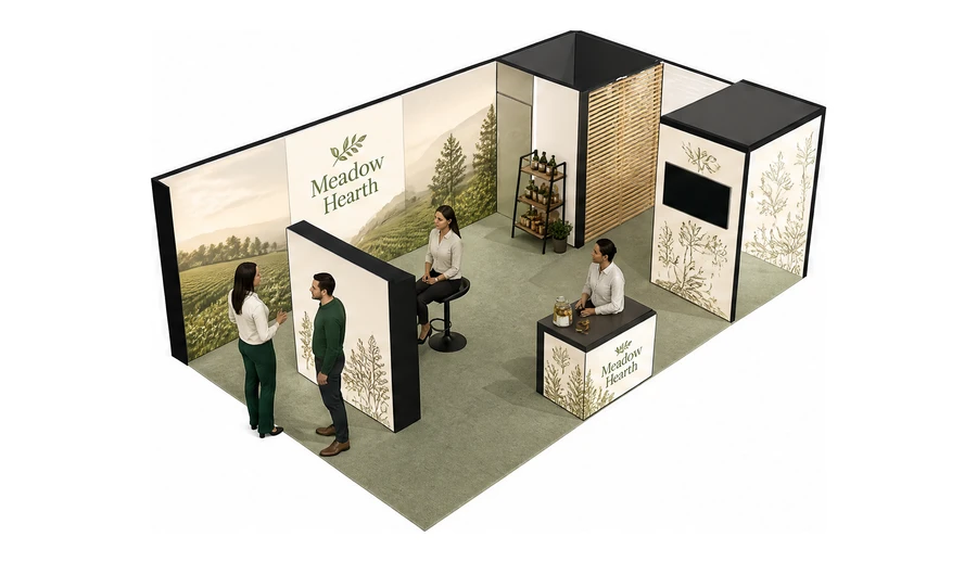 Stoisko 8 × 5 m narożne prawe dla branży żywność ekologiczna, przykładowa marka Meadow Hearth