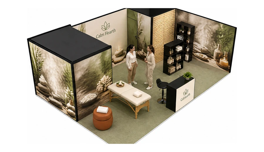 Stoisko 8 × 5 m narożne prawe dla branży spa i wellness, przykładowa marka Calm Hearth