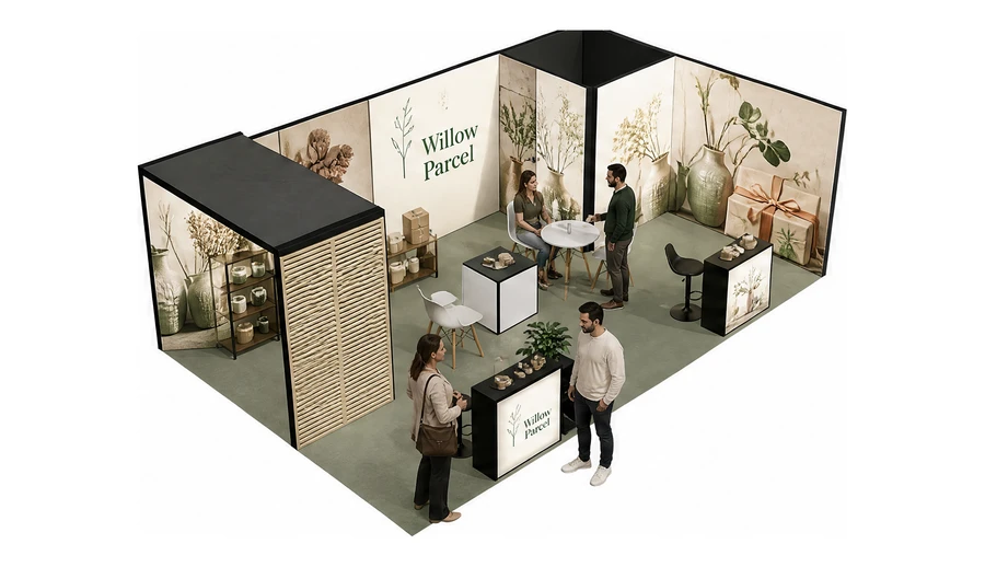Stoisko 8 × 5 m narożne prawe dla branży dekoracje i upominki, przykładowa marka Willow Parcel
