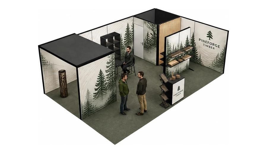 Stoisko 8 × 5 m narożne prawe dla branży leśnictwo i przemysł drzewny, przykładowa marka Pineforge Timber