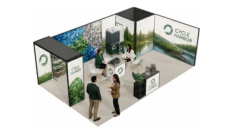 Stoisko 8 × 5 m narożne prawe dla branży recykling i ochrona środowiska, przykładowa marka Cycle Harbor