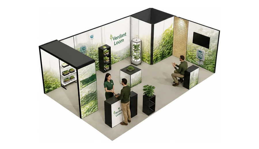 Stoisko 8 × 5 m narożne prawe dla branży sadownictwo i warzywnictwo, przykładowa marka Verdant Loom