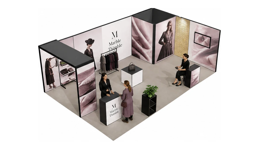 Stoisko 8 × 5 m narożne prawe dla branży odzież i moda, przykładowa marka Marble Thimble