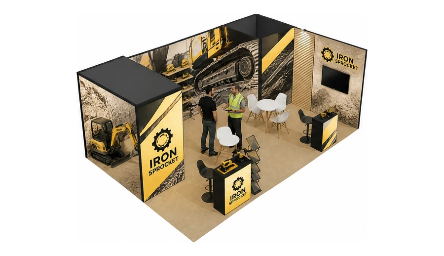 Stoisko 8 × 5 m narożne prawe dla branży maszyny budowlane, przykładowa marka Iron Sprocket