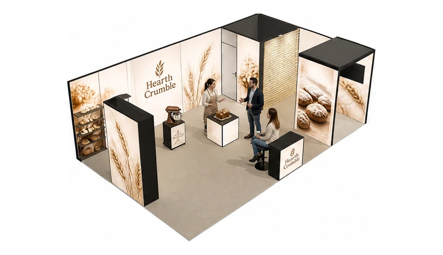 Stoisko 8 × 5 m narożne prawe dla branży piekarnictwo i cukiernictwo, przykładowa marka Hearth Crumble