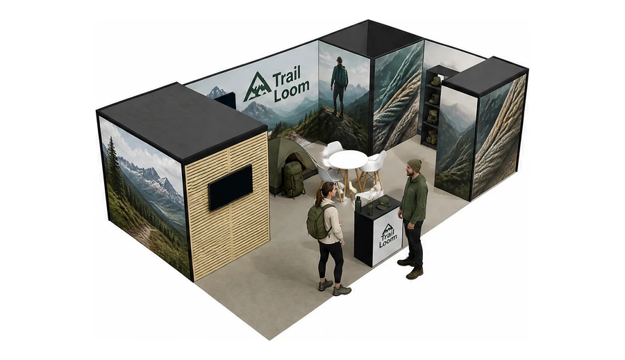 Stoisko 8 × 5 m narożne prawe dla branży odzież i sprzęt outdoorowy, przykładowa marka Trail Loom
