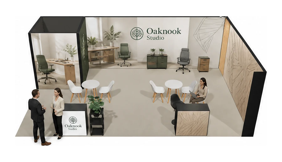 Stoisko 8 × 5 m narożne prawe dla branży meble biurowe, przykładowa marka Oaknook Studio