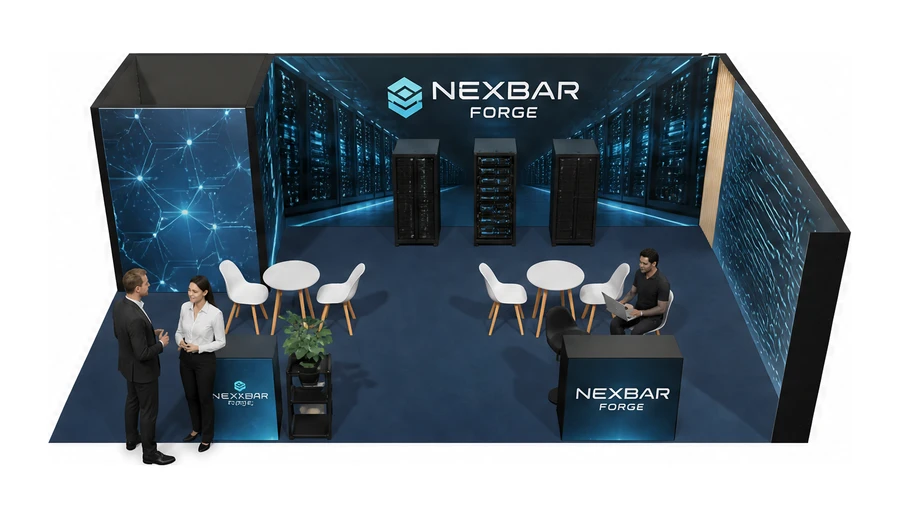 Stoisko 8 × 5 m narożne prawe dla branży infrastruktura IT i data center, przykładowa marka Nexbar Forge
