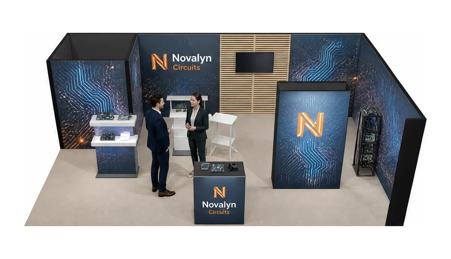 Stoisko 8 × 5 m narożne prawe dla branży komponenty elektroniczne, przykładowa marka Novalyn Circuits