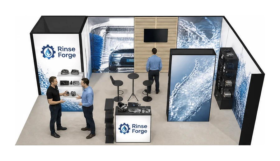 Stoisko 8 × 5 m narożne prawe dla branży myjnie i pielęgnacja aut, przykładowa marka Rinse Forge