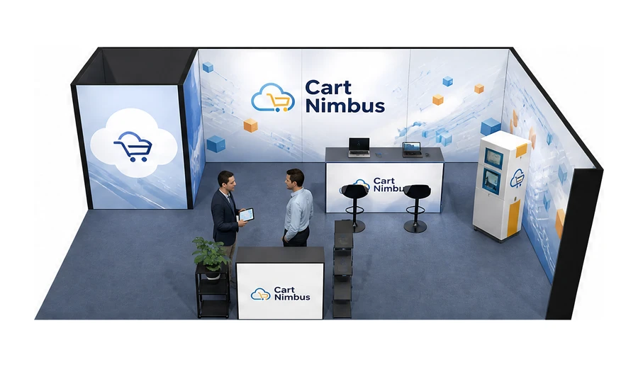 Stoisko 8 × 5 m narożne prawe dla branży e-commerce, przykładowa marka Cart Nimbus