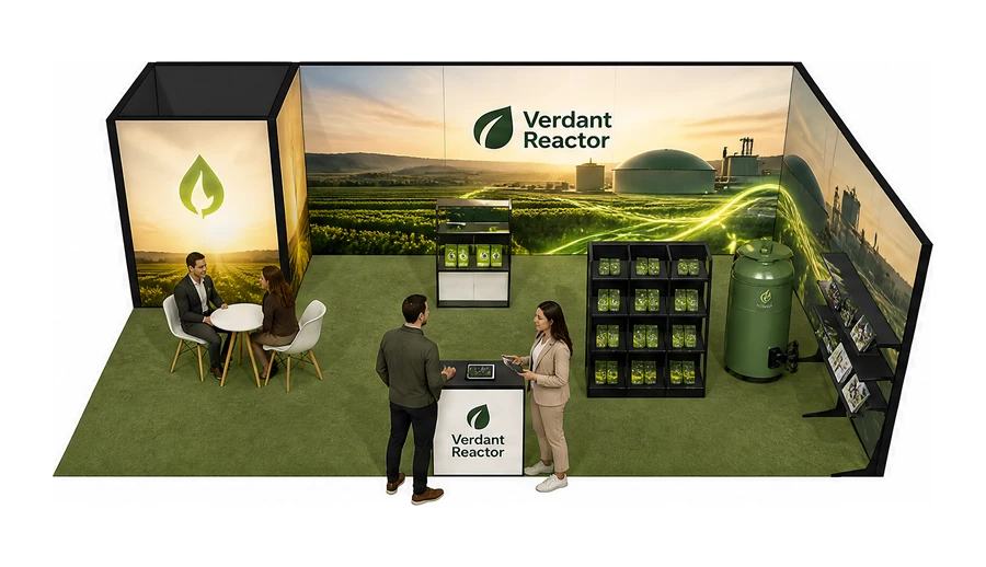 Stoisko 8 × 5 m narożne prawe dla branży biogaz i OZE, przykładowa marka Verdant Reactor