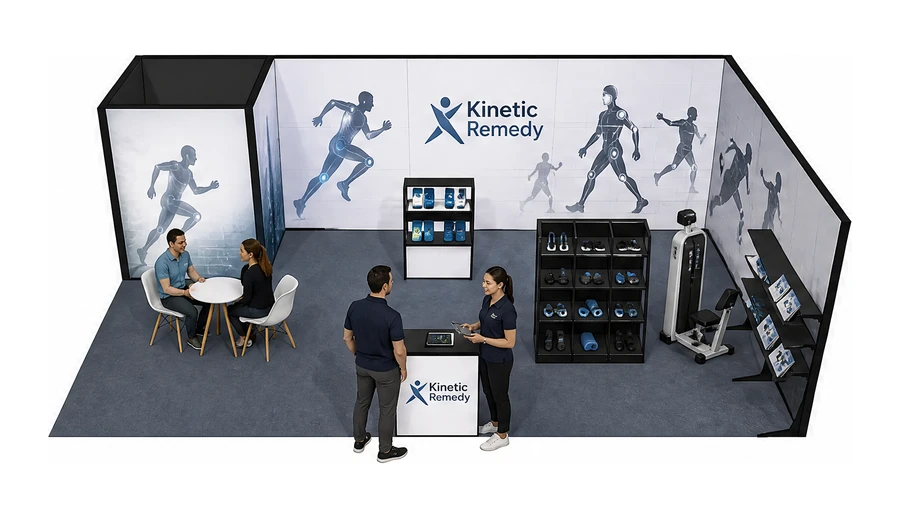 Stoisko 8 × 5 m narożne prawe dla branży rehabilitacja i fizjoterapia, przykładowa marka Kinetic Remedy