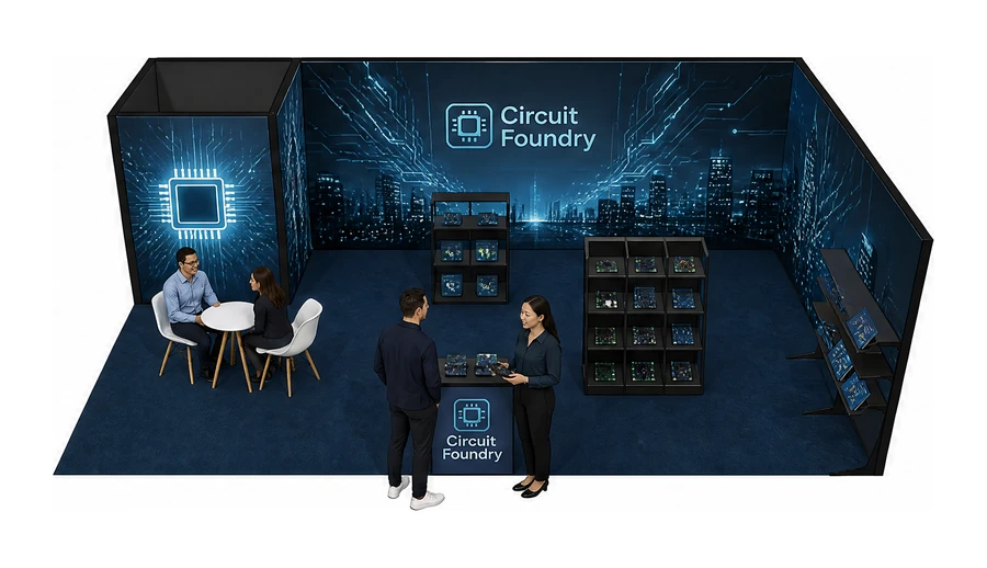 Stoisko 8 × 5 m narożne prawe dla branży komponenty elektroniczne, przykładowa marka Circuit Foundry