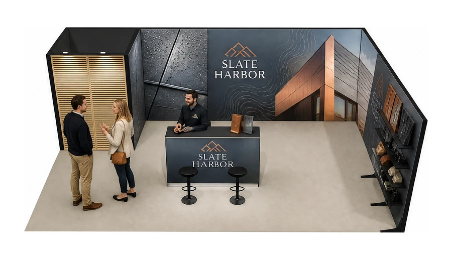 Stoisko 8 × 5 m narożne prawe dla branży dachy i elewacje, przykładowa marka Slate Harbor