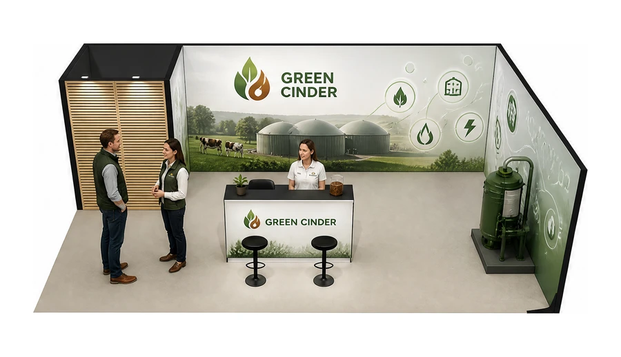 Stoisko 8 × 5 m narożne prawe dla branży biogaz i OZE, przykładowa marka Green Cinder