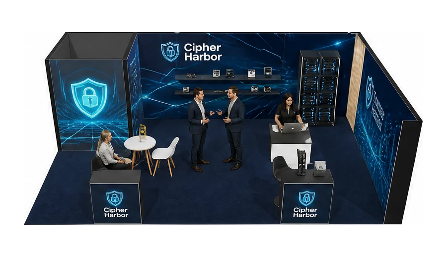 Stoisko 8 × 5 m narożne prawe dla branży cyberbezpieczeństwo, przykładowa marka Cipher Harbor