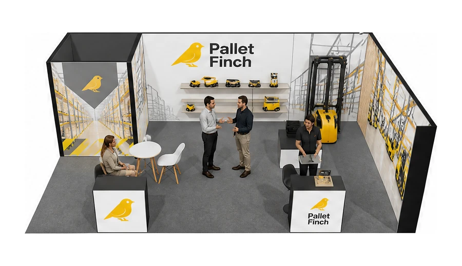 Stoisko 8 × 5 m narożne prawe dla branży intralogistyka i magazyn, przykładowa marka Pallet Finch