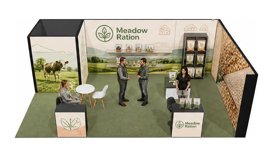Stoisko 8 × 5 m narożne prawe dla branży hodowla i pasze, przykładowa marka Meadow Ration