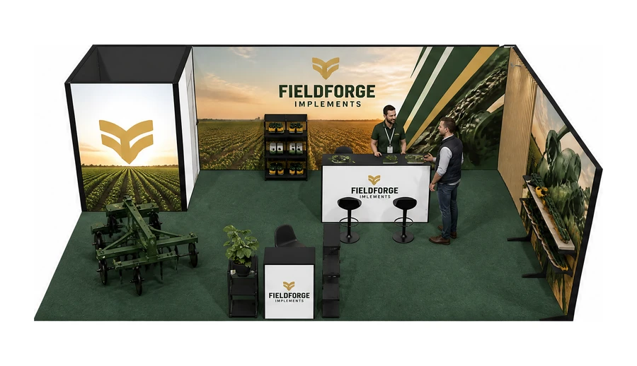 Stoisko 8 × 5 m narożne prawe dla branży maszyny rolnicze, przykładowa marka Fieldforge Implements