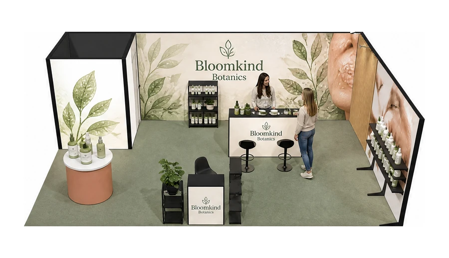 Stoisko 8 × 5 m narożne prawe dla branży kosmetyki naturalne, przykładowa marka Bloomkind Botanics