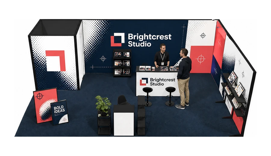 Stoisko 8 × 5 m narożne prawe dla branży reklama i druk, przykładowa marka Brightcrest Studio