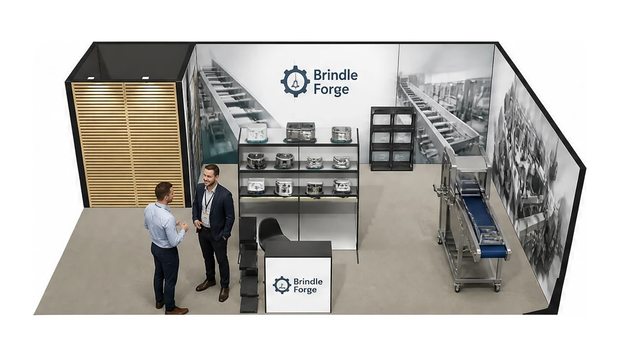 Stoisko 8 × 5 m narożne prawe dla branży technologie spożywcze, przykładowa marka Brindle Forge