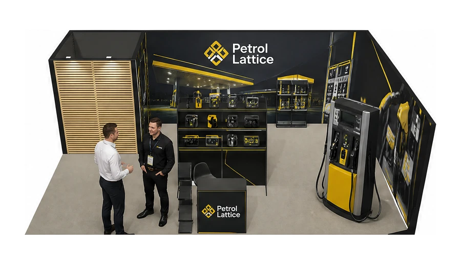 Stoisko 8 × 5 m narożne prawe dla branży stacje paliw, przykładowa marka Petrol Lattice