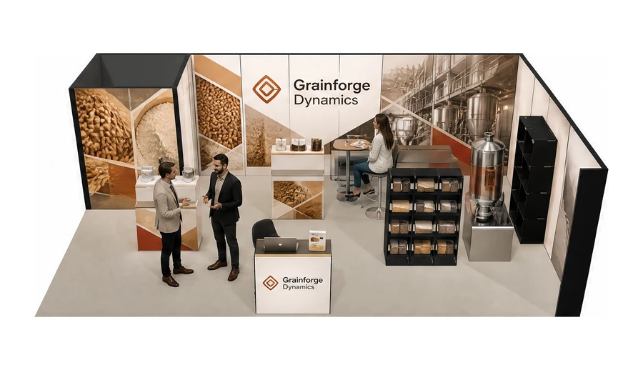 Stoisko 8 × 5 m narożne prawe dla branży technologie spożywcze, przykładowa marka Grainforge Dynamics