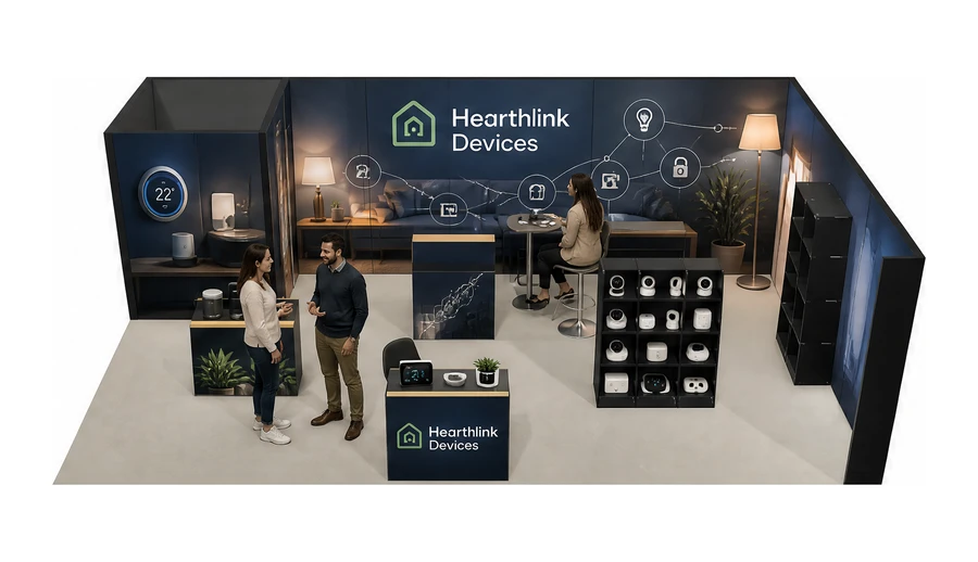 Stoisko 8 × 5 m narożne prawe dla branży smart home i IoT, przykładowa marka Hearthlink Devices