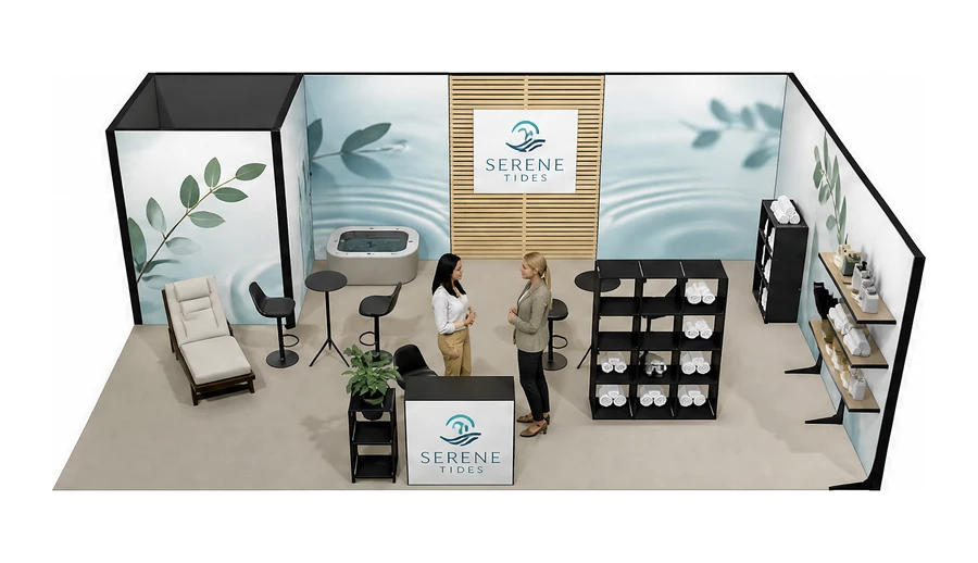 Stoisko 8 × 5 m narożne prawe dla branży spa i wellness, przykładowa marka Serene Tides