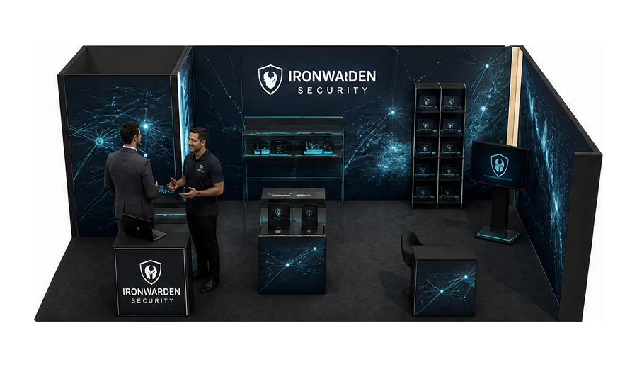 Stoisko 8 × 5 m narożne prawe dla branży cyberbezpieczeństwo, przykładowa marka IronWarden Security