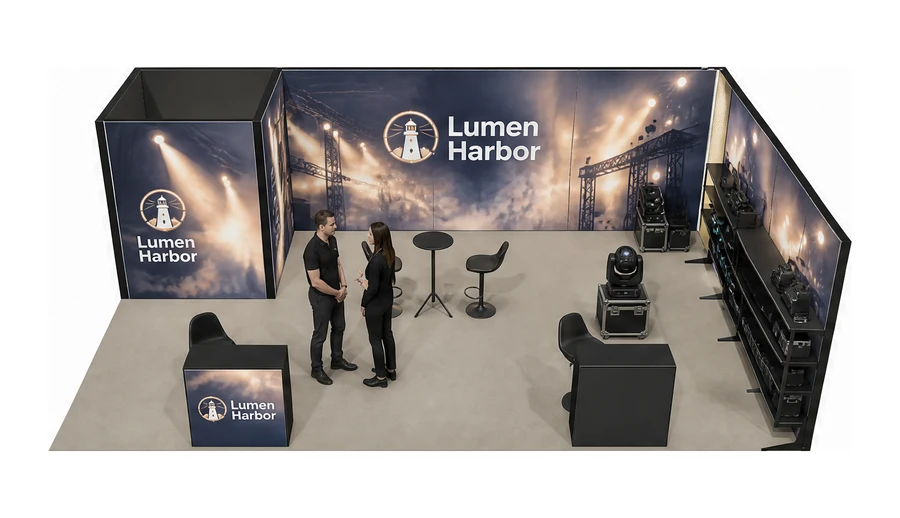 Stoisko 8 × 5 m narożne prawe dla branży branża eventowa, przykładowa marka Lumen Harbor