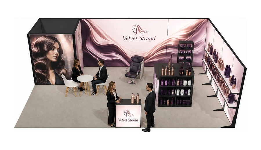 Stoisko 8 × 5 m narożne prawe dla branży fryzjerstwo i salony beauty, przykładowa marka Velvet Strand