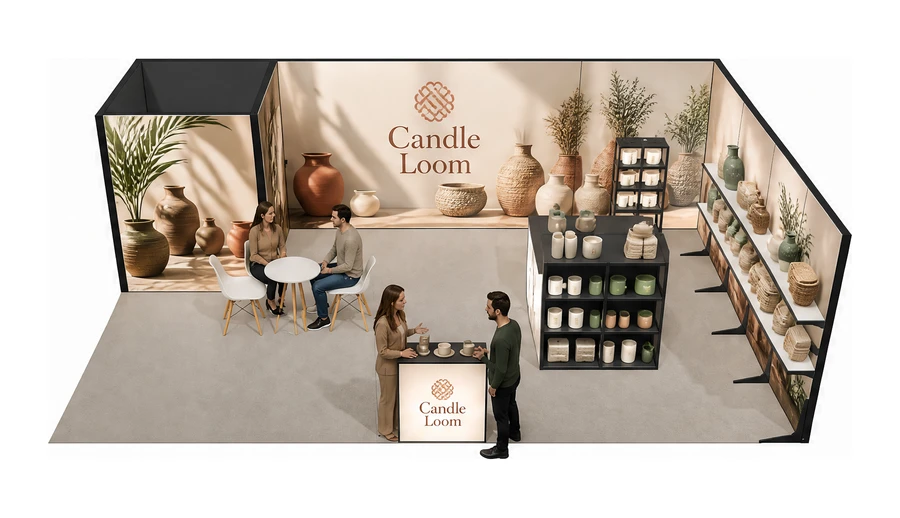 Stoisko 8 × 5 m narożne prawe dla branży dekoracje i upominki, przykładowa marka Candle Loom
