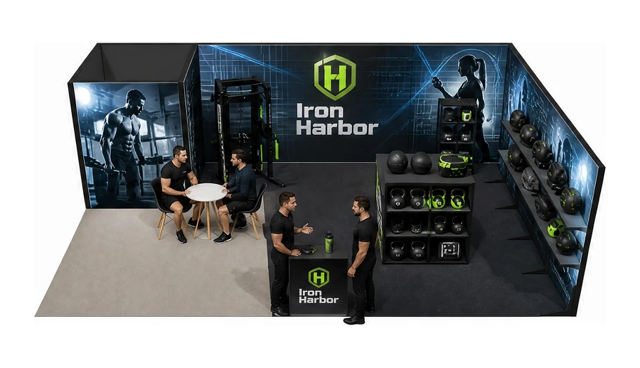 Stoisko 8 × 5 m narożne prawe dla branży fitness i siłownie, przykładowa marka Iron Harbor