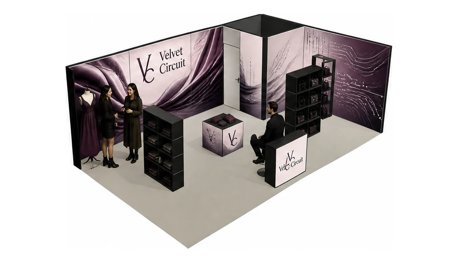 Stoisko 8 × 5 m narożne prawe dla branży odzież i moda, przykładowa marka Velvet Circuit