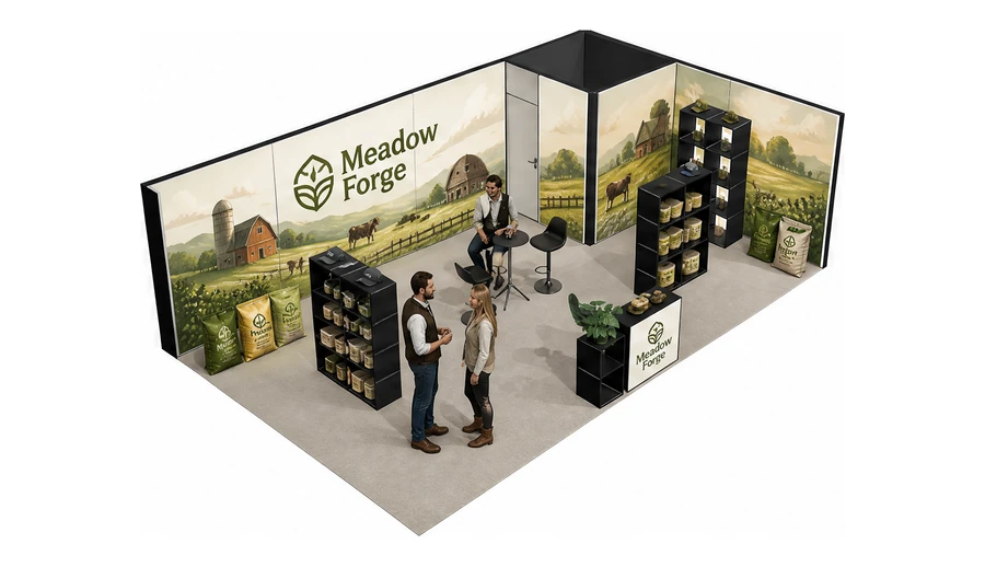 Stoisko 8 × 5 m narożne prawe dla branży hodowla i pasze, przykładowa marka Meadow Forge