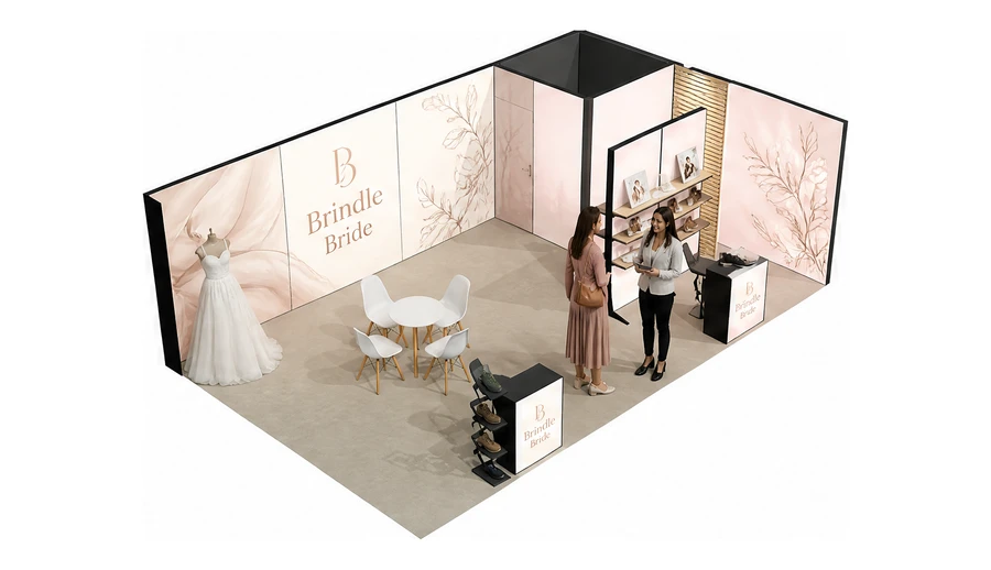 Stoisko 8 × 5 m narożne prawe dla branży branża ślubna, przykładowa marka Brindle Bride