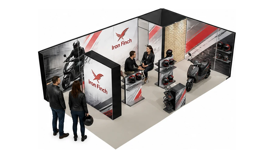 Stoisko 8 × 5 m narożne prawe dla branży motocykle i skutery, przykładowa marka Iron Finch